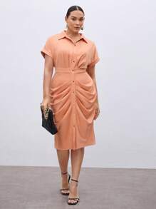 BizChic Váy sơ mi xếp ly màu trơn cỡ lớn cho nữ, váy thường ngày mùa hè - Màu Cam cháy - Xem 6