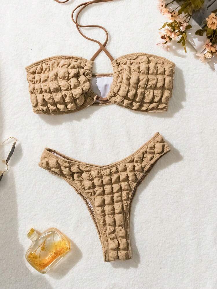 Women's Textured Crisscross Halter Strap Bikini Set, Bikini Set Outfit Beach Swimwear Bathing Suit Summer Beach