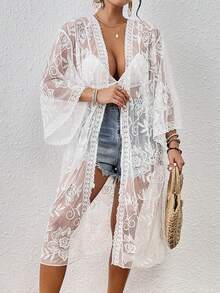 SHEIN Swim Của phụ nữ Lưới thêu & Ren Vá lại Kimono Phong cách Áo len Mở Với Mặt trước Buộc - trắng - Xem 3