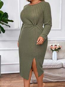 Celure Plus Twist Front Split Thigh Dress - Army Green - View 3