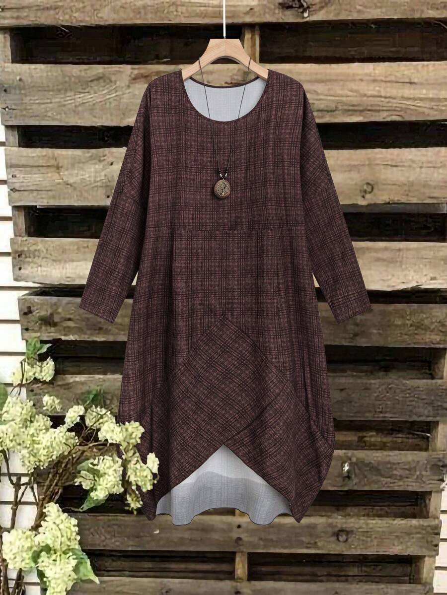 EMERY ROSE 大码不对称下摆格子连衣裙 - 咖啡棕 - 查看 1