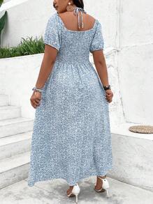 SHEIN Clasi Plus Size Boho Ditsy Floral Printed High Slit Dress, For Summer - Blue - View 2