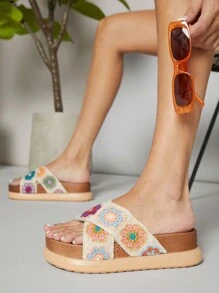 SHUZIA Women's Solid Color Wedge Heel Thick Sole Sandals With Floral Pattern