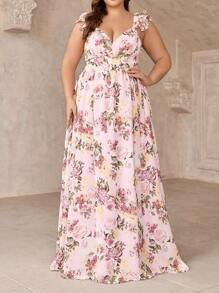SHEIN Belle Plus Size Women's Thistle Romantic Ruffle & Floral Print Embellished Rope Romantic Sweet Bridesmaid Dress Wedding Formal Dress - Multicolor - View 5