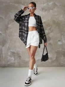 SHEIN EZwear 格紋和花卉印花黑白織物女襯衫 - 黑與白 - 查看 6
