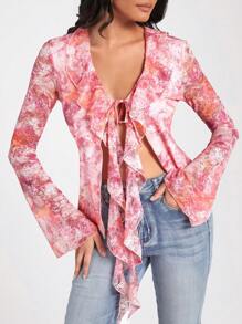 Forever 21 Women's Rose Floral Chiffon Lace-Up Ruffle Hem Bell Sleeve Top - Pink - View 3
