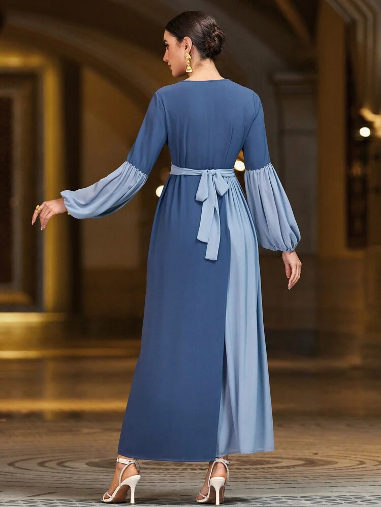 Color Block Heavy Duty Hand-Stitched Rhinestone & Beaded Lantern Sleeve Dress, Modest Full Length Kaftan Dress, Elegant Luxury Evening Party Style