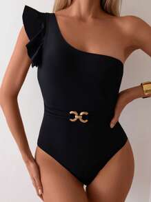 SHEIN Swim Traje De Baño De Una Pieza Con Adorno De Volantes En El Hombro Y Ajuste Ajustado Para Verano, Playa, Natación Y Vacaciones