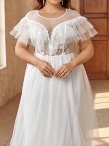 SHEIN Belle Kích thước lớn Thanh lịch Váy dự tiệc Với Thêu , Lưới Và Xù Hoa Sen Thiết kế - trắng - Xem 1