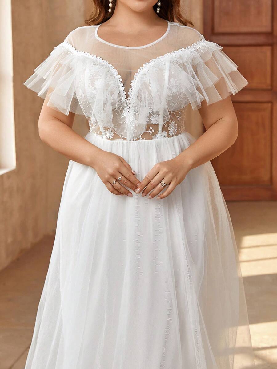 SHEIN Belle Kích thước lớn Thanh lịch Váy dự tiệc Với Thêu , Lưới Và Xù Hoa Sen Thiết kế - trắng - Xem 1