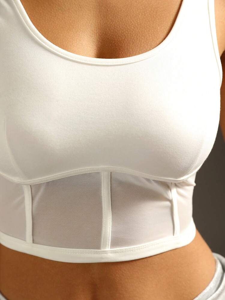 Contrast Mesh Round Neck Crop Top, Slim Fit