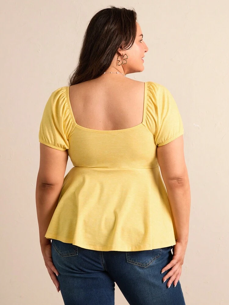 Plus Size Solid Color Front Tie Sweetheart Neck Top