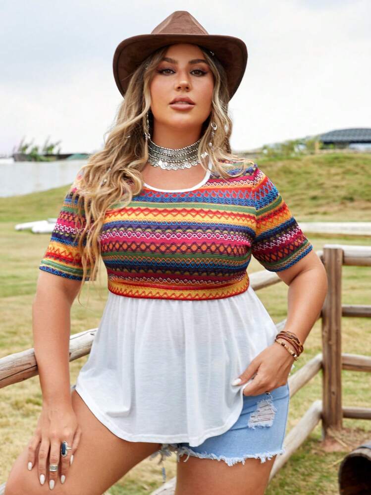 SHEIN LUNE Camiseta De Manga Corta 2 En 1 Con Bloques De Color Y Estampado Geométrico De Talla Grande - Azul - Añade 1