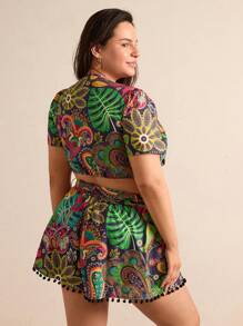 Forever 21 Plus Size Crop Top And Shorts Set With Paisley Print And Front Knot - Multicolor - View 2