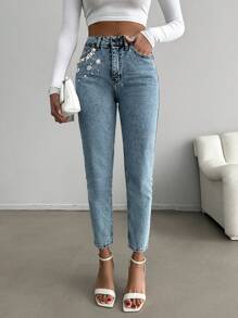 RueChic 高腰仿珍珠装饰妈妈版牛仔裤