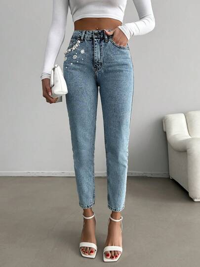 RueChic High Waist Faux Pearl Decor Mom Fit Jeans