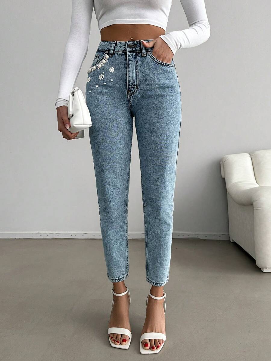 RueChic 高腰仿珍珠装饰妈妈版牛仔裤