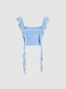 SHEIN MOD Ladies' Solid Color Frilled Edge Ruched Top - Baby Blue - View 2