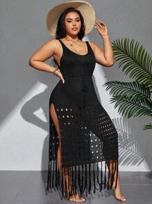 Swim Lushoire Summer Beach Plus Size Solid Color Drawstring Waist Hollow Out High Split Tassel Cover-Up