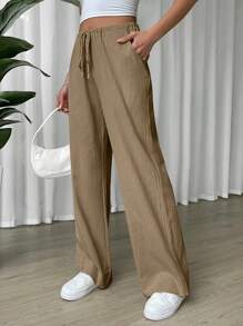 SHEIN EZwear Linen Drawstring Waist Slant Pocket Wide Leg Pants - Champagne - View 3