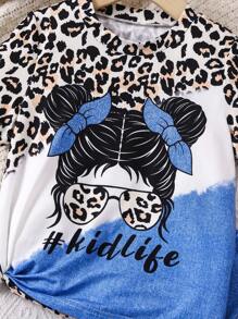 SHEIN Conjunto de camiseta de manga corta con estampado de leopardo y leggings efecto denim para niñas jóvenes para conciertos