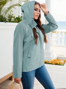 Hooded Jacket With Zipper Closure, Drawstring And Patchwork Fabric - Blue - View 3