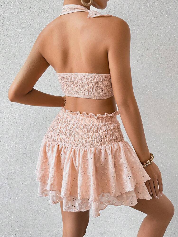 Solid Color Hollow Out Embroidery Ruffle Trim Two-Piece Set