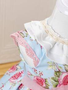 SHEIN Vestido de princesa de doble capa con lazo decorativo estampado de flores de moda y dobladillo con volantes para bebé niña - Multicolor - Ver 6