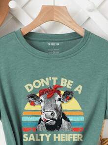 SHEIN LUNE 女標語乳牛印花短袖 T 卹 - 墨綠色 - 查看 3