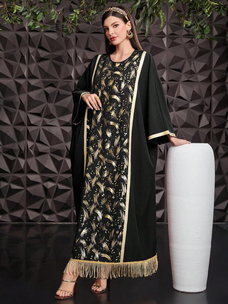 Al Najma Loose Kaftan With Patchwork Weave Strap And Tassel Hem - Black - View 6