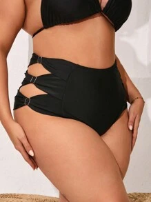 Swim Lushoire 大尺碼夏季海灘單色高腰中空比基尼下褲 - 黑色 - 查看 3