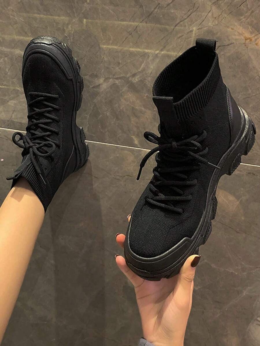 Women High Top Knit Lace-Up Front Sock Sneakers - Black - View 1
