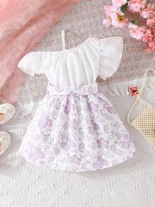 SHEIN Young Girl Fashionable Ruffle Edge Top And Floral Print Skirt Set For Summer - Multicolor - View 2