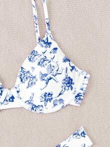 SHEIN Swim 夏季海滩女士花卉印花比基尼套装（带钢圈） - 藍白色 - 查看 4