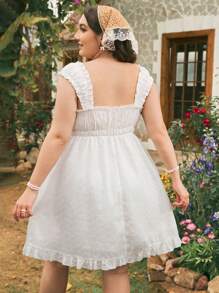 Dreamara Plus Size Sleeveless Ribbed Dress With Frill Trim Detail - White - View 2
