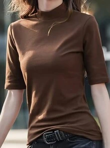 INAWLY 純色立領短袖t恤 - 棕色 - 查看 5