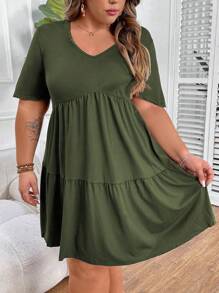 SHEIN CURVE+ Plus Size Women's V-Neck Short Sleeve Ruffle Hem Dress - Green - View 3