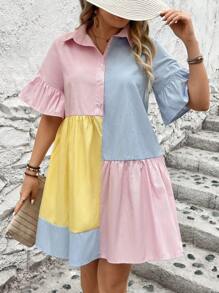 Breezaya Vestido camisa de color de bloque a rayas asimétrico con estilo vacacional, verano, talla grande