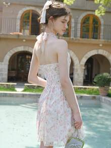 Vestido Casual Com Estampa Floral E Decote Halter Com Cintura Apertada - Multicolorido - Ver 2