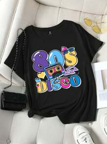 Plus Size 80s Disco Style Letter Printed Loose T-Shirt - Black - View 3