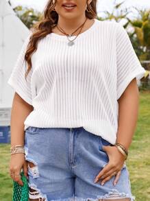 SHEIN Essnce Kích thước lớn Của phụ nữ Mùa hè Mới Thời trang giản dị Ngày lễ Liên hoan âm nhạc Dệt kim Vải Jacquard Lỏng lẻo Trắng Áo thun - Đen và trắng - Xem 1