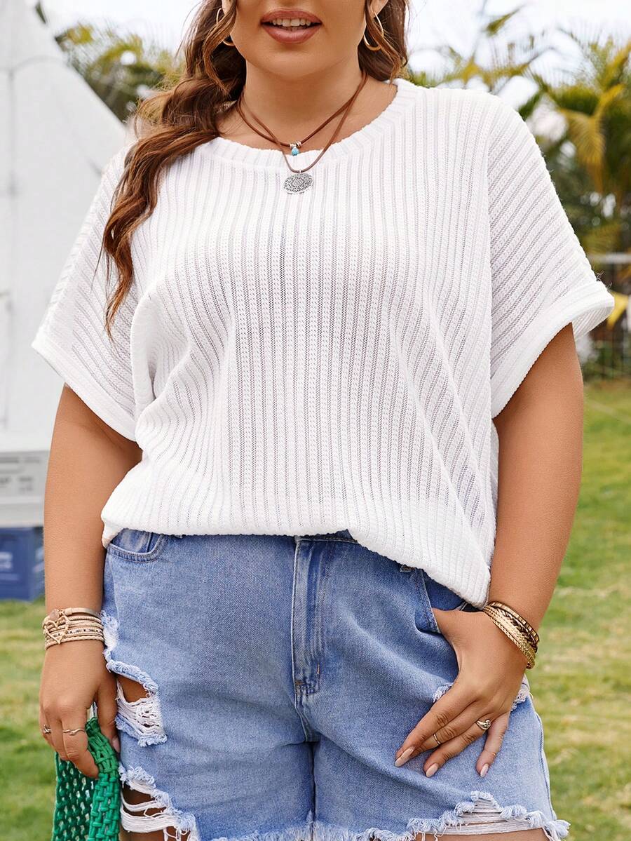 SHEIN Essnce Kích thước lớn Của phụ nữ Mùa hè Mới Thời trang giản dị Ngày lễ Liên hoan âm nhạc Dệt kim Vải Jacquard Lỏng lẻo Trắng Áo thun - Đen và trắng - Xem 1