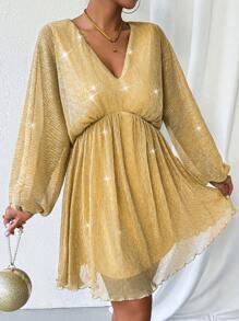 Chiquease Women's V-Neck Batwing Sleeve Dress - Champagne - View 1
