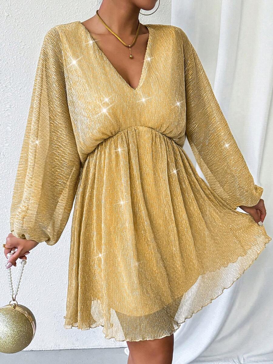 Chiquease Women's V-Neck Batwing Sleeve Dress - Champagne - View 1