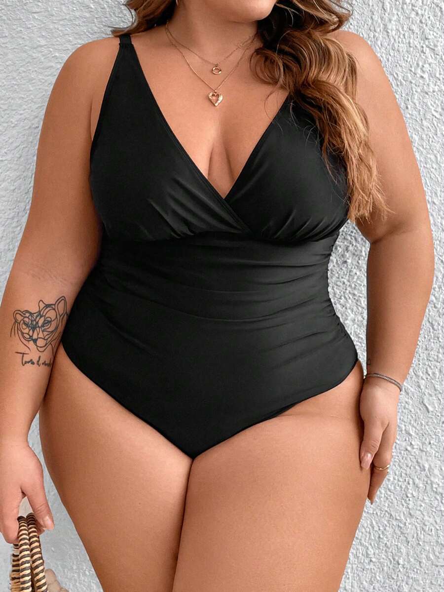 SHEIN CURVE+ Kích thước lớn Màu thuần Xếp li Áo tắm một mảnh Với Dây đai mỏng - màu đen - Xem 1
