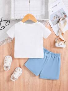 SHEIN 男嬰女嬰卡通大象圖案圓領短袖上衣和純色短褲套裝 - 彩色 - 查看 4