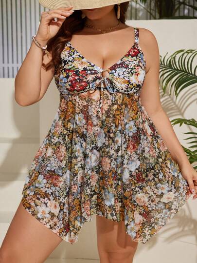 Swim Lushoire Summer Beach Plus Size Women's Floral Printed Front Tie Backless Bikini Top And Briefs Set, Bathing Suit Beach Outfit Vacay Vibe