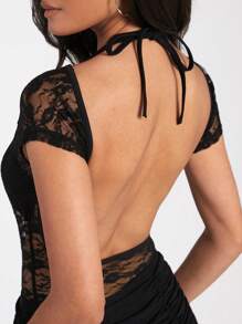 Forever 21 Lace Floral Perspective Sexy Backless Slim Fit Short Sleeve Bodysuit For Women - Black - View 5