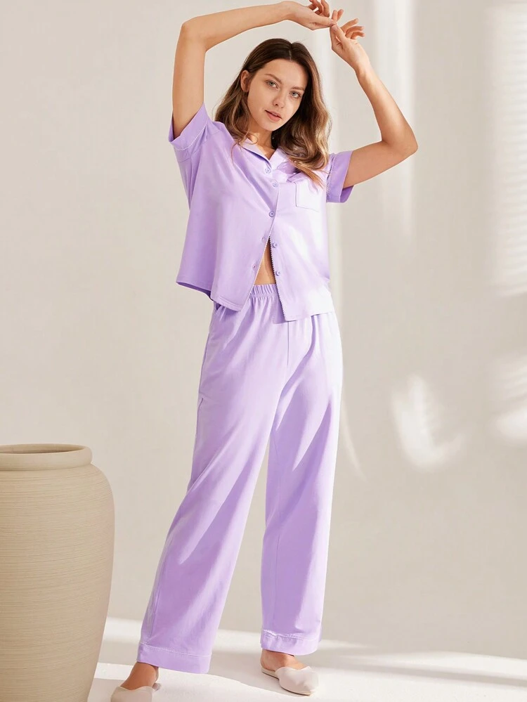 Summer Purple Soft Cotton & Modal With Lace Trim Women Pajama Set Lounge Sets For Women Lingerie