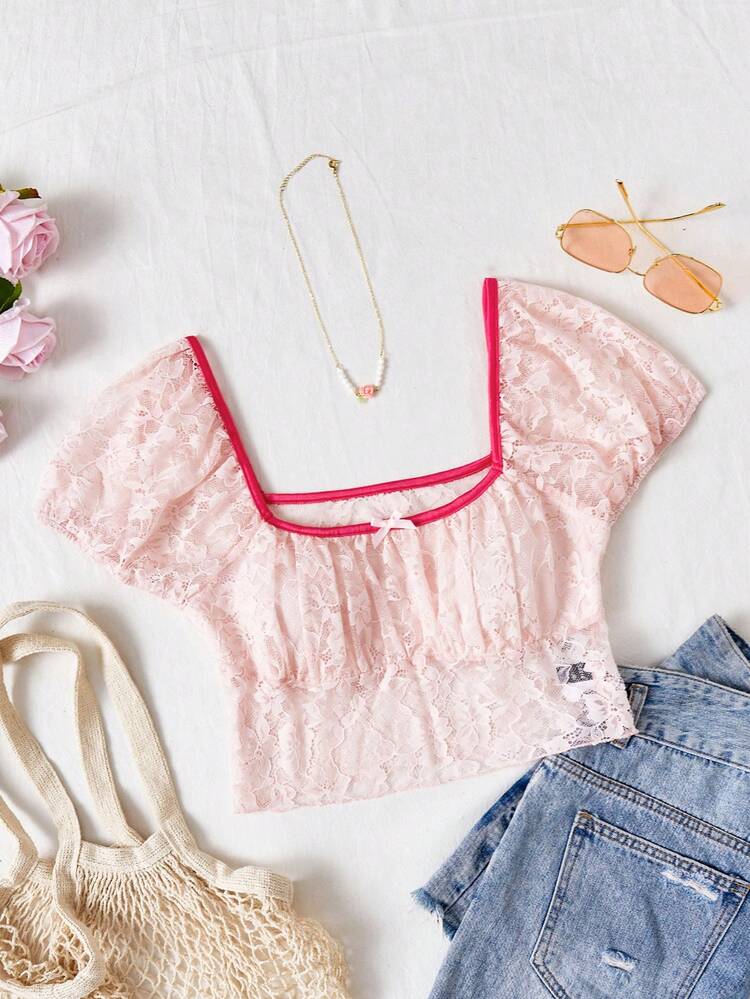 Women Vacation Style Square Neckline Short-Sleeve Lace T-Shirt With Pink Butterflies And Hem Decoration For Easter Day, In Clashing Magenta Color